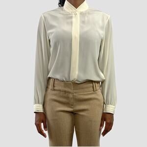 Vintage Talbots Cream Drapey Mandarin Band Collar Blouse Sz Medium